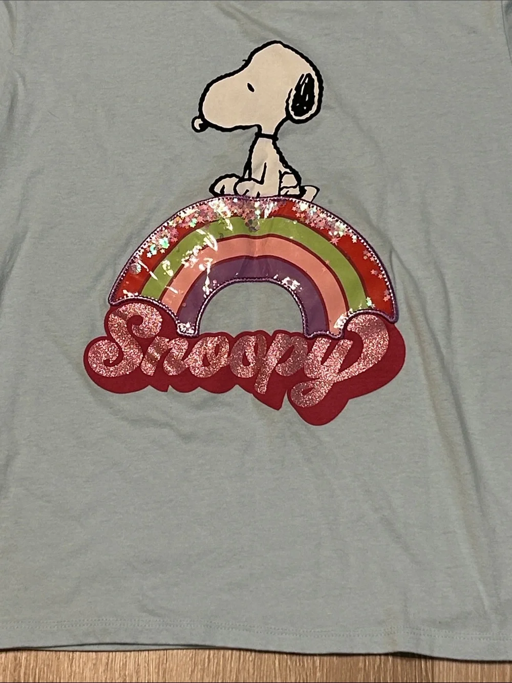 Peanuts Snoopy Light Blue Rainbow Sequin Star Bubble Girls Graphic Tee Sz XL